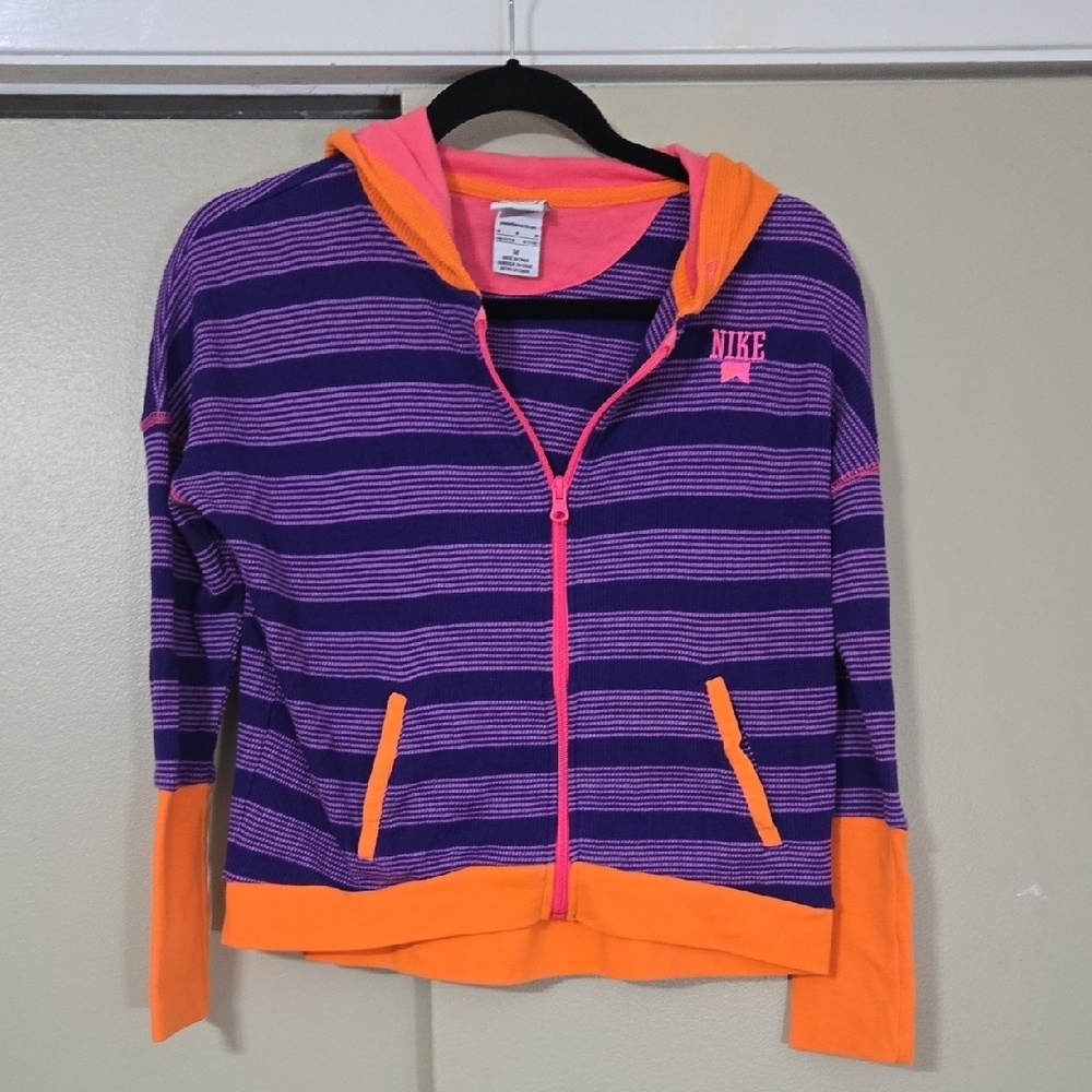 Nike Girls Purple Striped Zip Hoodie with Orange Trim Size Medium 10-12 Year Old
